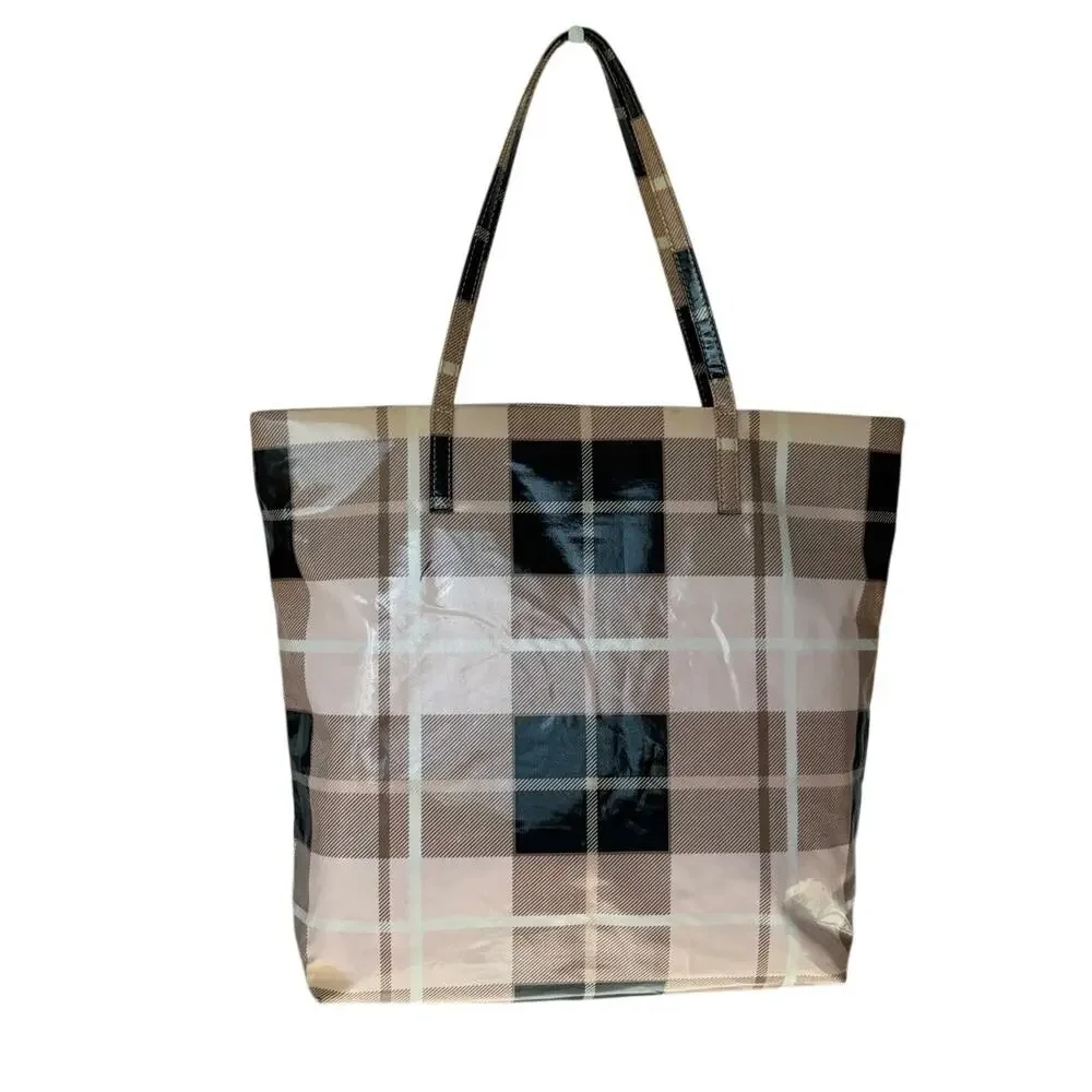 Kate Spade Bon Shopper Plaid Tote Bag Cream Taupe Coated Canvas